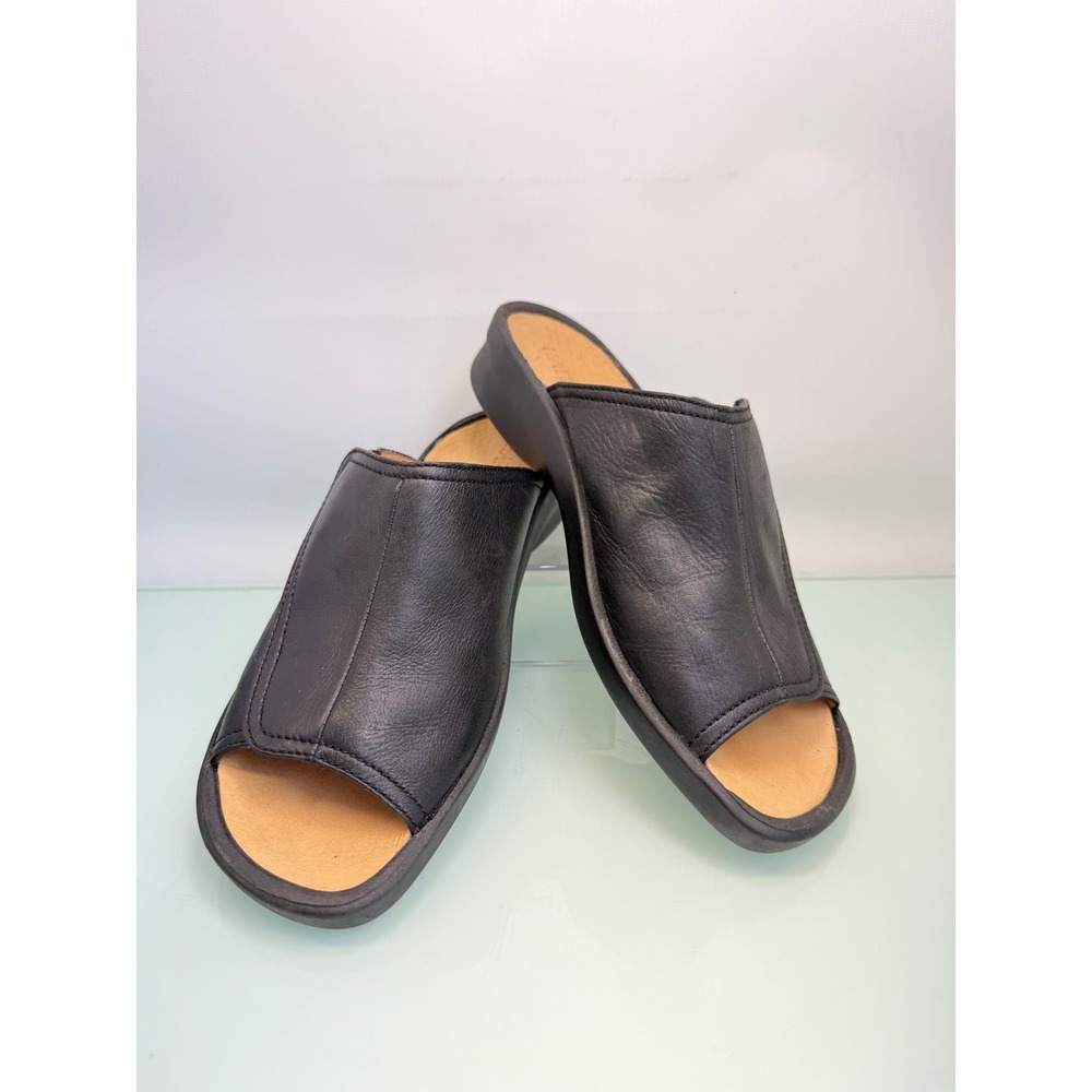 Haflinger Black Leather Comfort Slide Sandals Adjustable Minimalist Euro 40